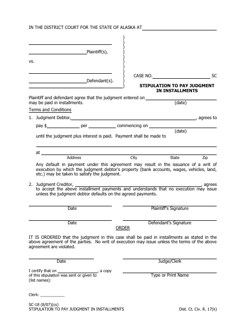 Form SC-18 Stipulation to Pay Judgment in Installments - Alaska