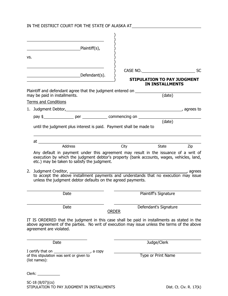 Form SC-18 Stipulation to Pay Judgment in Installments - Alaska, Page 1