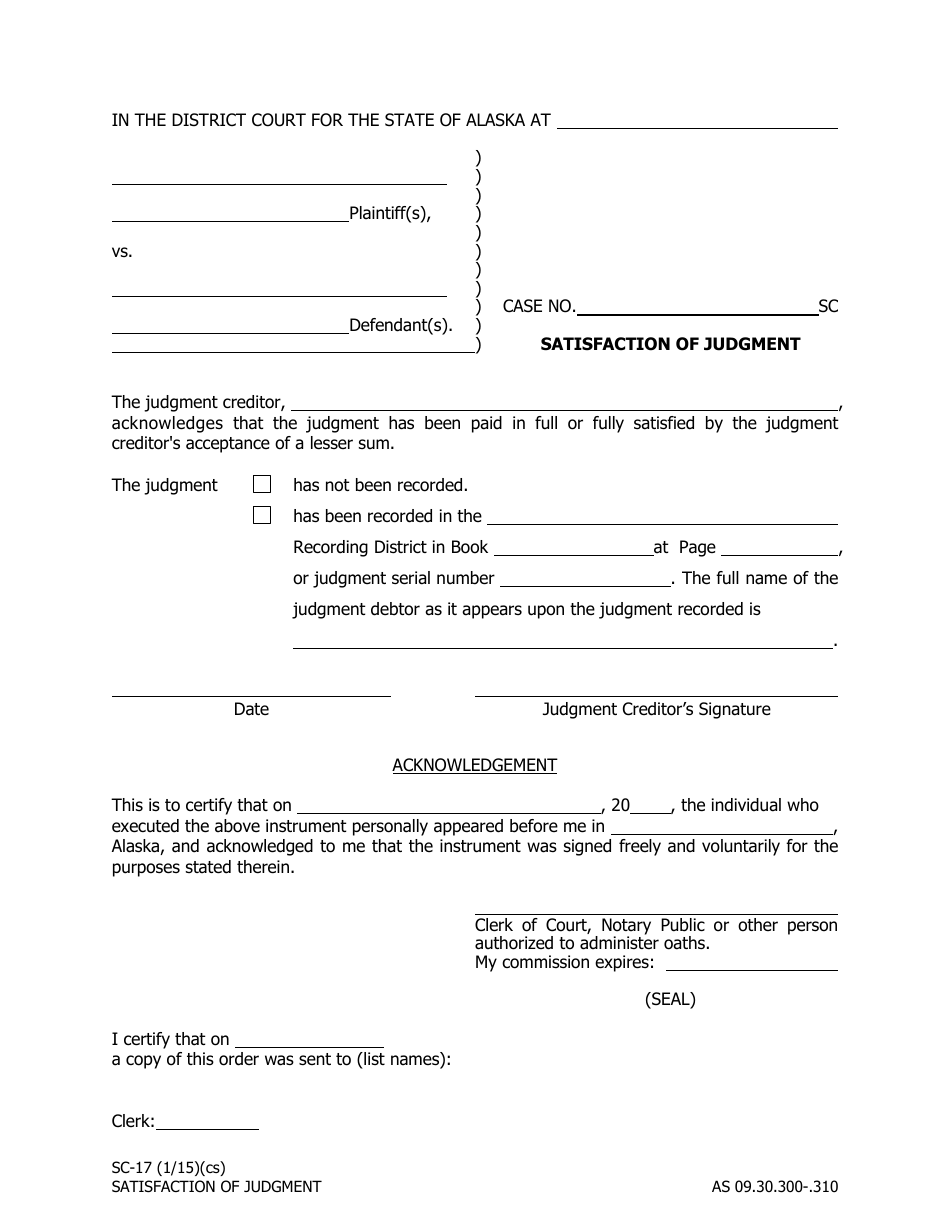 Form SC-17 Satisfaction of Judgment - Alaska, Page 1