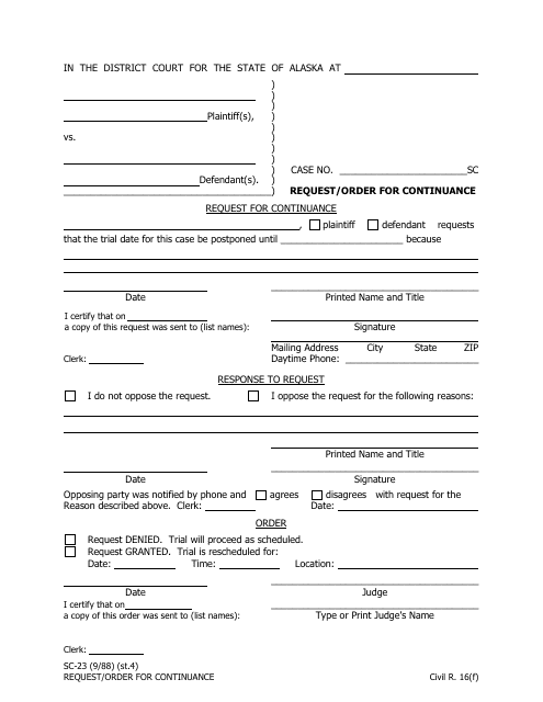 Form SC-23 Request/Order for Continuance - Alaska