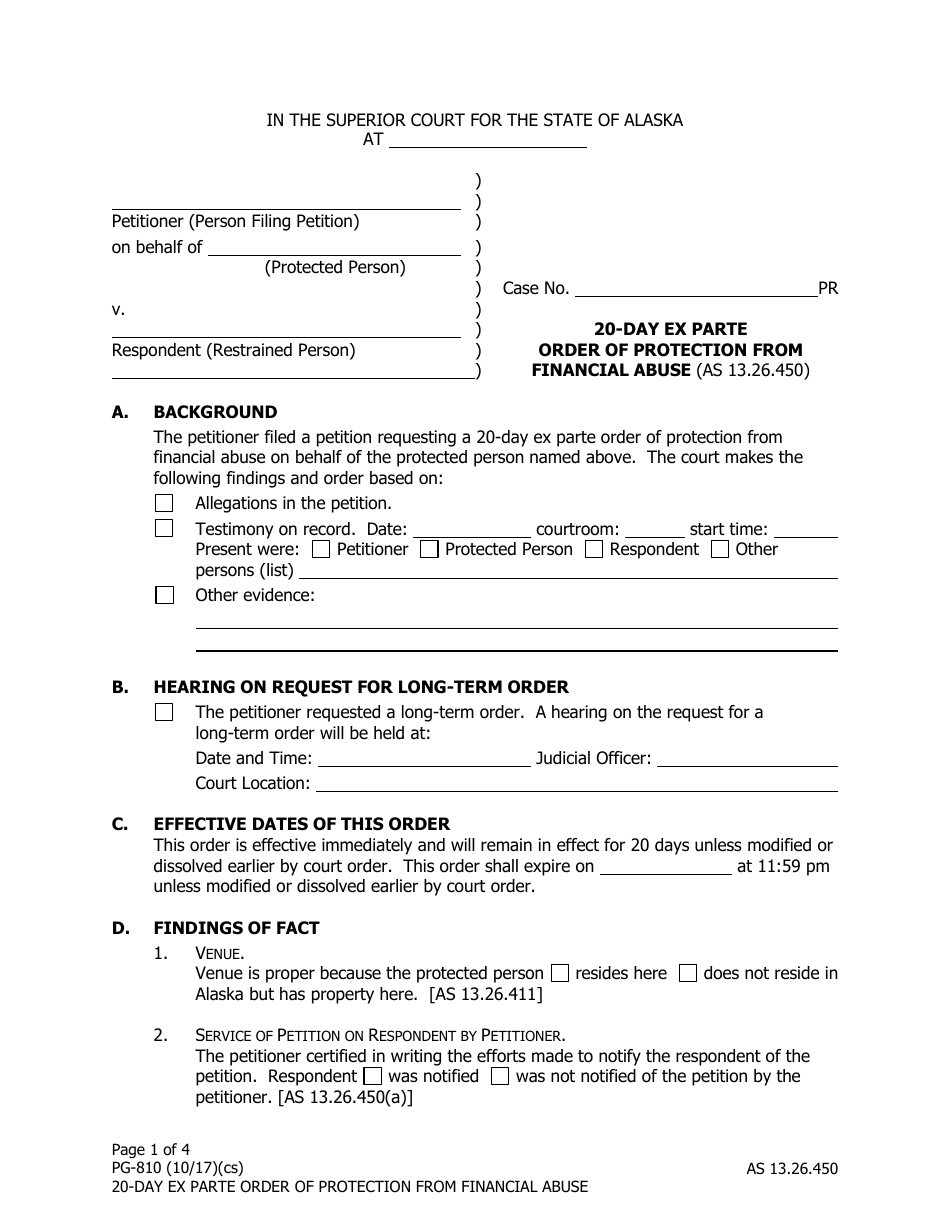 Form PG-810 20-day Ex Parte Order of Protection From Financial Abuse - Alaska, Page 1