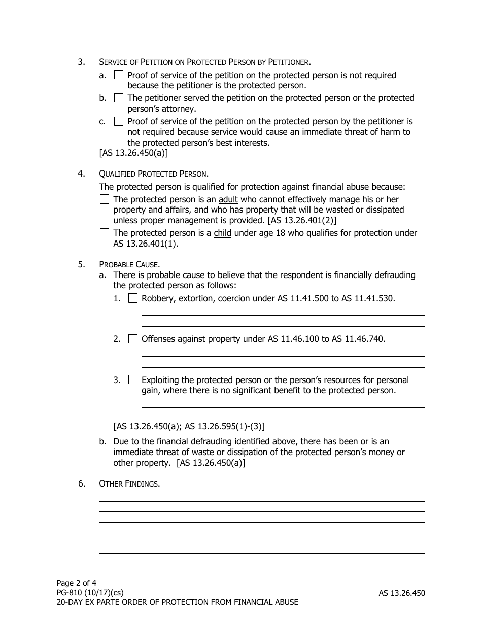 Form PG-810 20-day Ex Parte Order of Protection From Financial Abuse - Alaska, Page 2