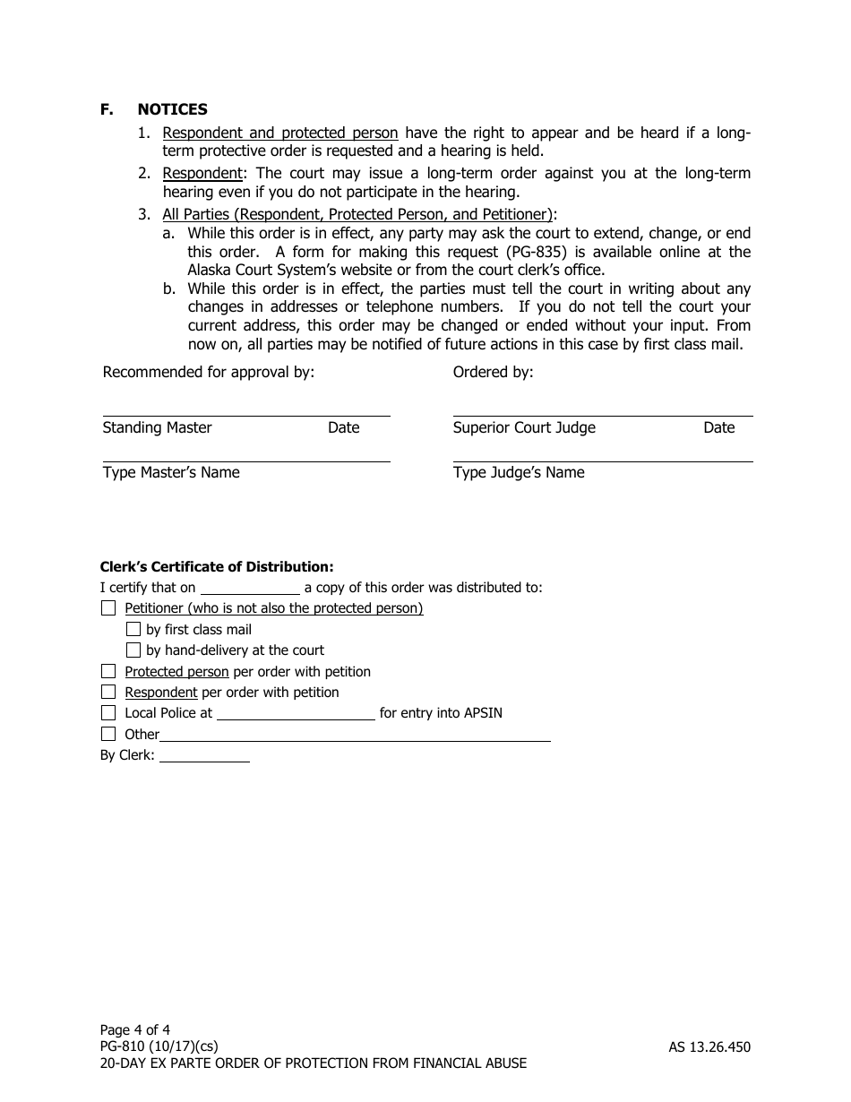 Form PG810 Download Fillable PDF or Fill Online 20day Ex Parte Order