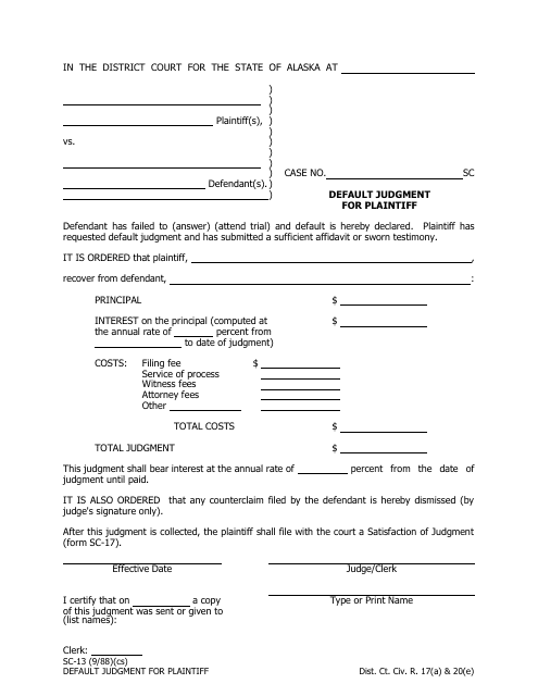 Form SC-13 Default Judgment for Plaintiff - Alaska
