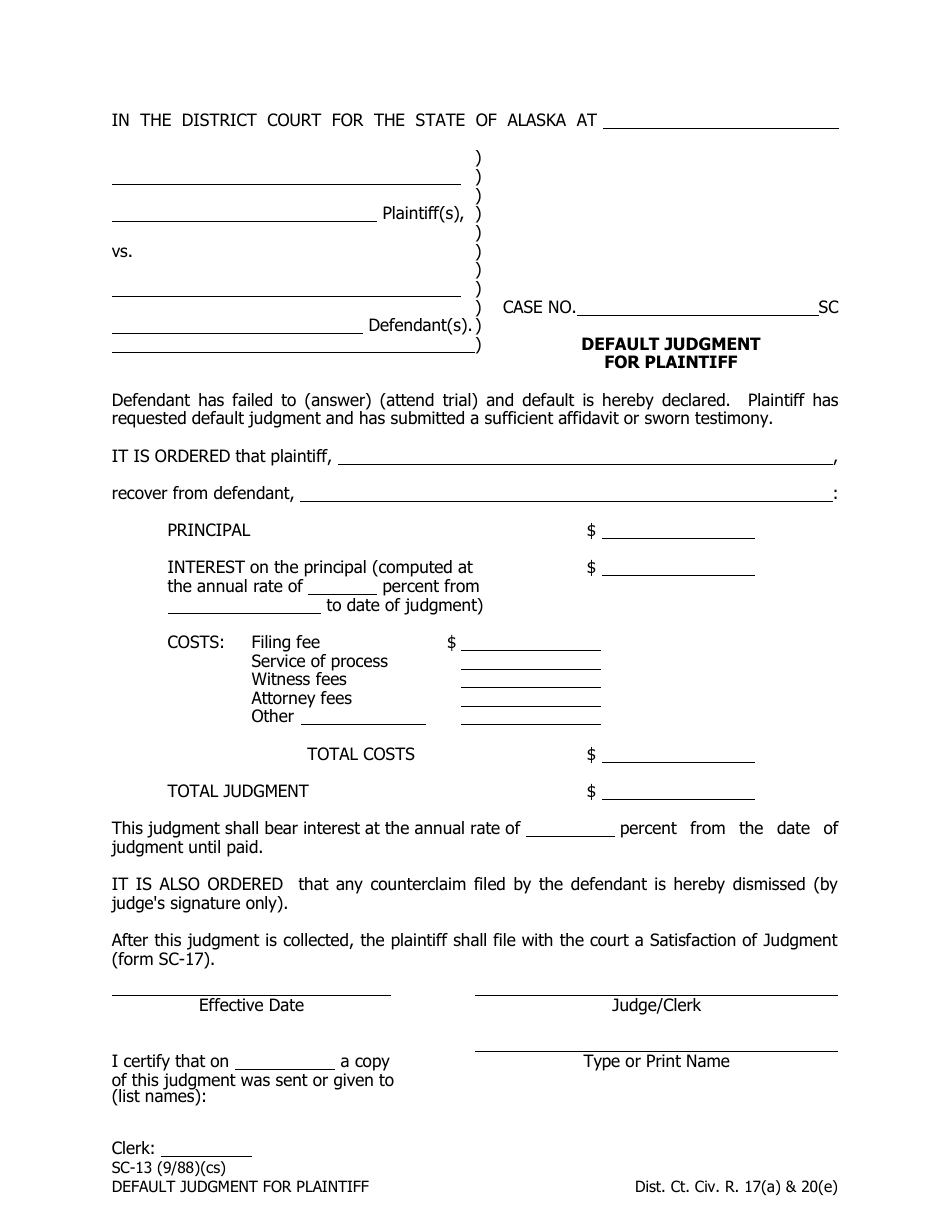 Form SC-13 Default Judgment for Plaintiff - Alaska, Page 1