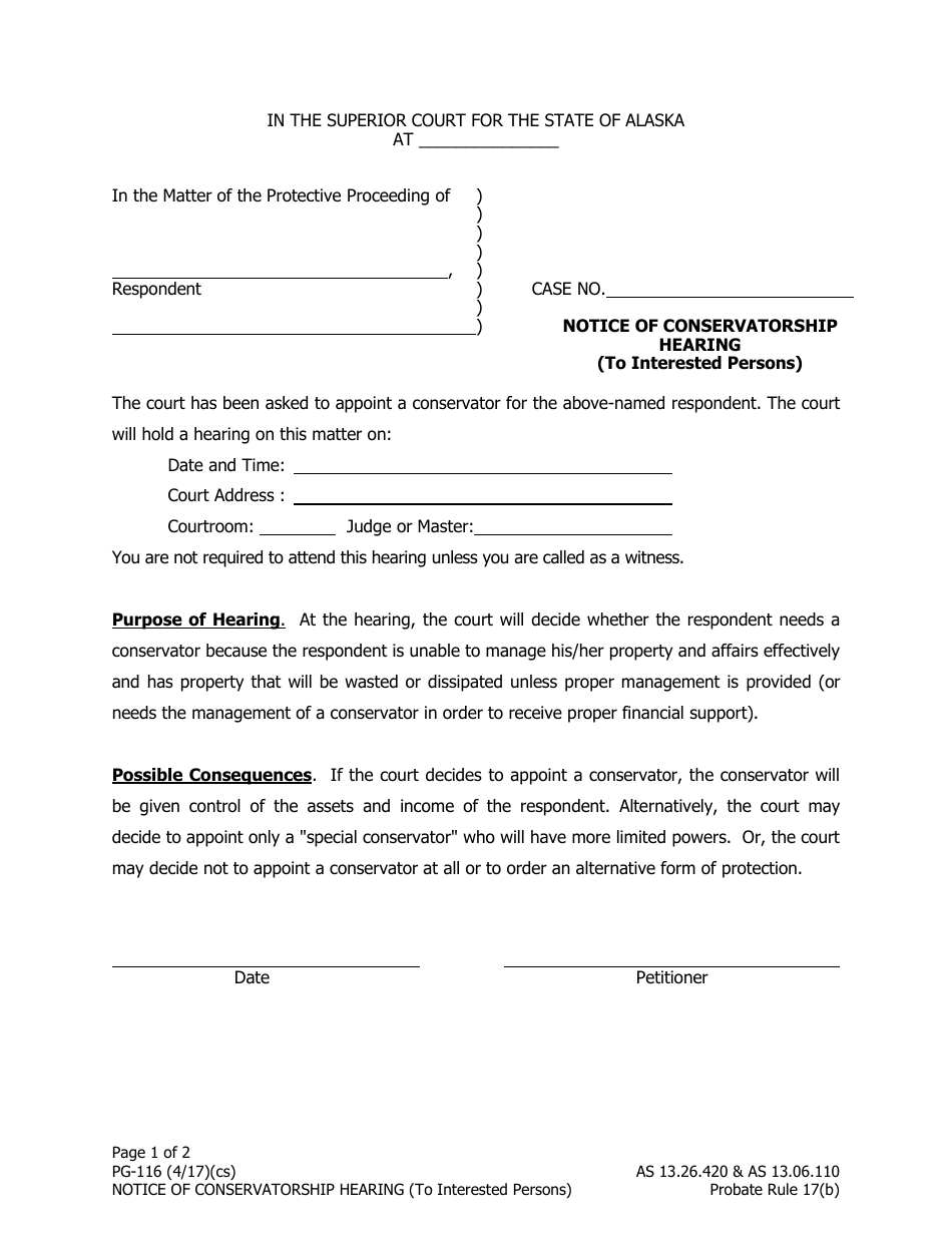Form PG-116 Notice of Conservatorship Hearing (To Interested Persons) - Alaska, Page 1