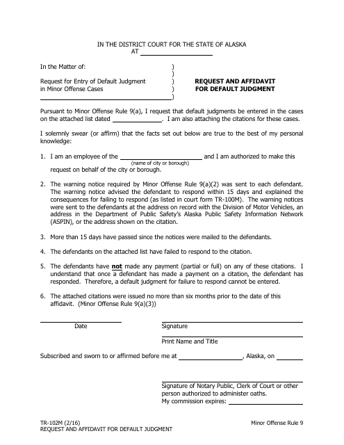 Form TR-102M Request and Affidavit for Default Judgment - Alaska