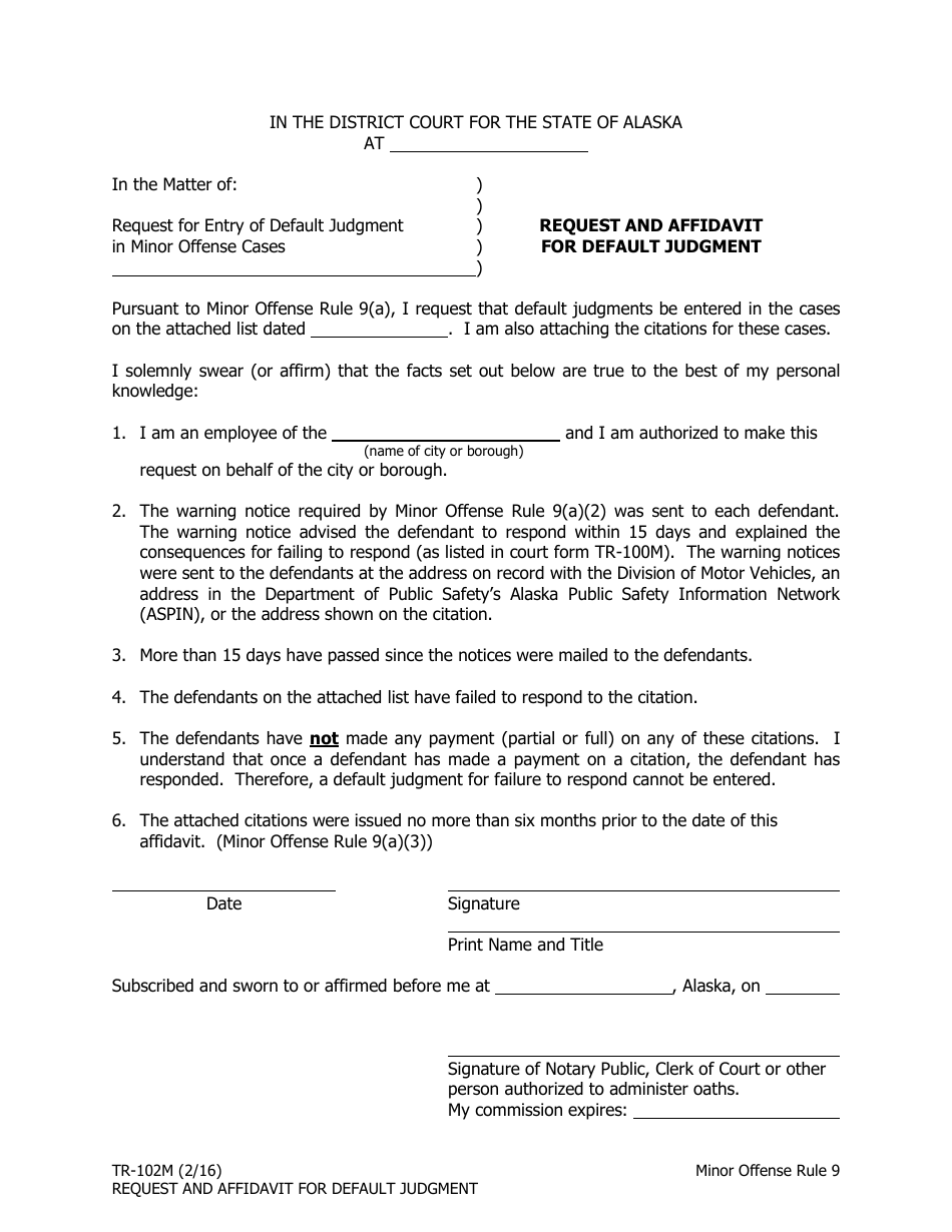 Form TR-102M Request and Affidavit for Default Judgment - Alaska, Page 1