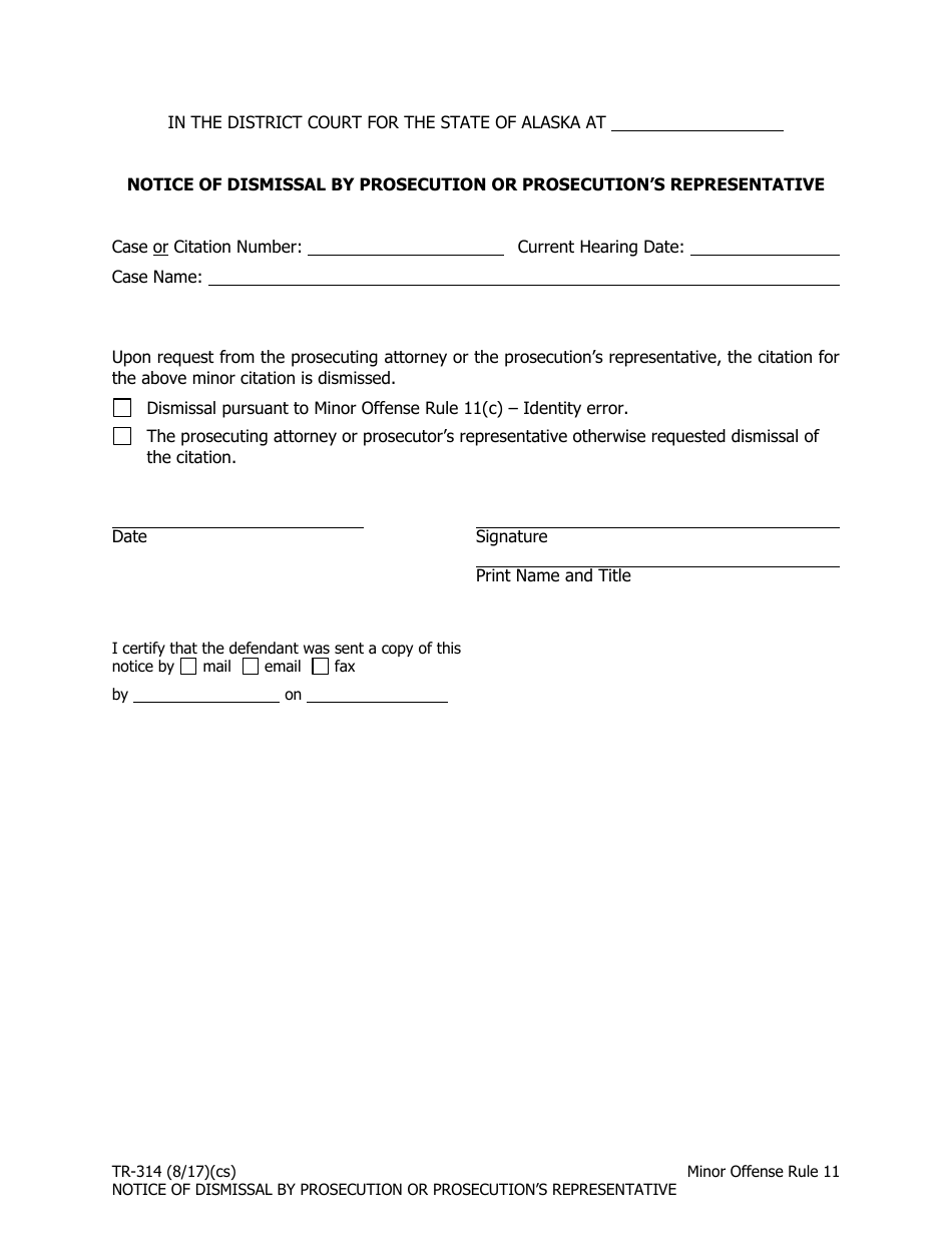 Form TR-314 Notice of Dismissal by Prosecution or Prosecutions Representative - Alaska, Page 1