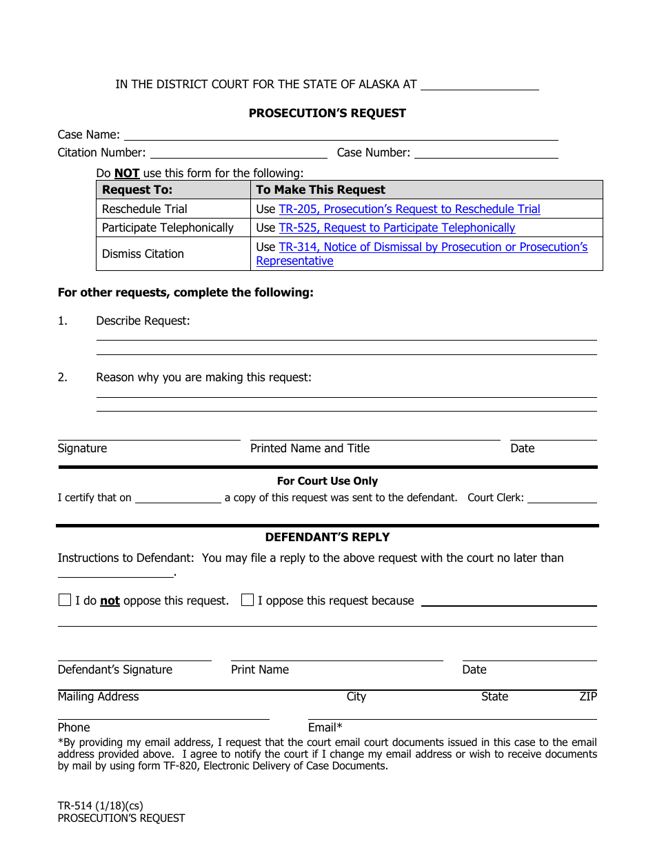 Form TR-514 Prosecutions Request - Alaska, Page 1