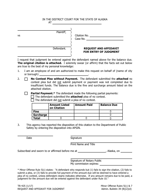 Form TR-425 Request and Affidavit for Entry of Judgment - Alaska