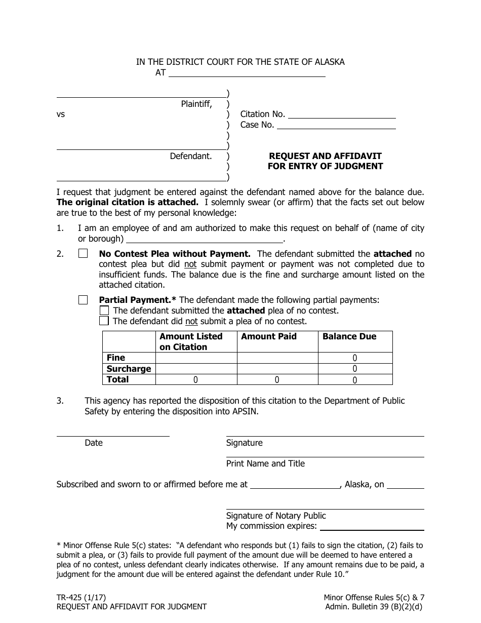 Form TR-425 Request and Affidavit for Entry of Judgment - Alaska, Page 1