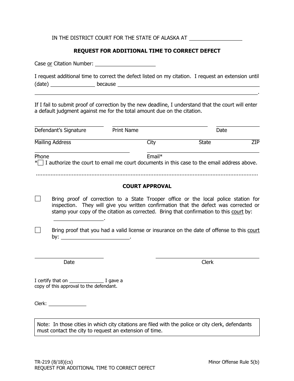 Form TR-219 Request for Additional Time to Correct Defect - Alaska, Page 1