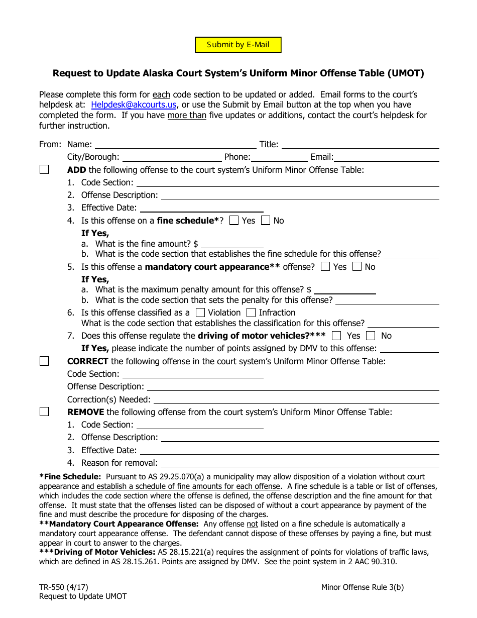 Form TR-550 Request to Update Alaska Court Systems Uniform Minor Offense Table (Umot) - Alaska, Page 1