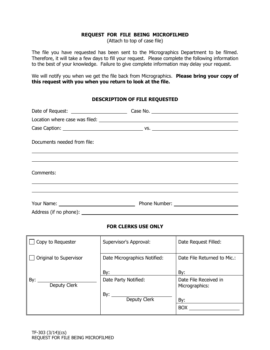 Form TF-303 Request for File Being Microfilmed - Alaska, Page 1