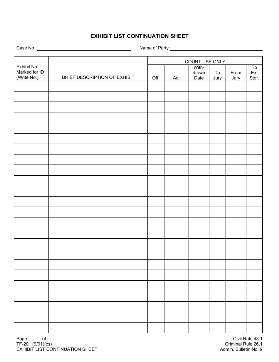 Form TF-201 Exhibit List Continuation Sheet - Alaska, Page 1