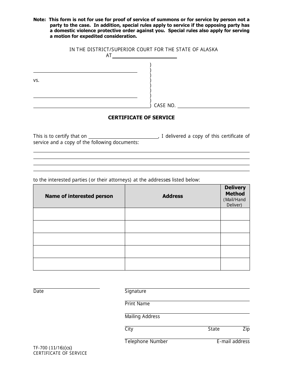 Form TF-700 Certificate of Service - Alaska, Page 1