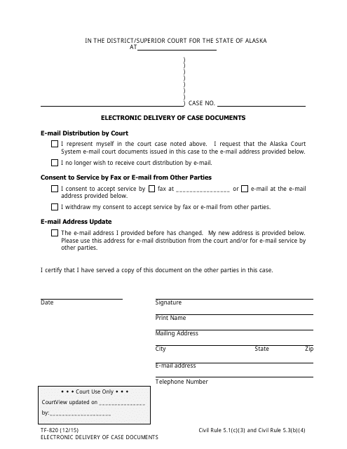 Form TF-820 Electronic Delivery of Case Documents - Alaska