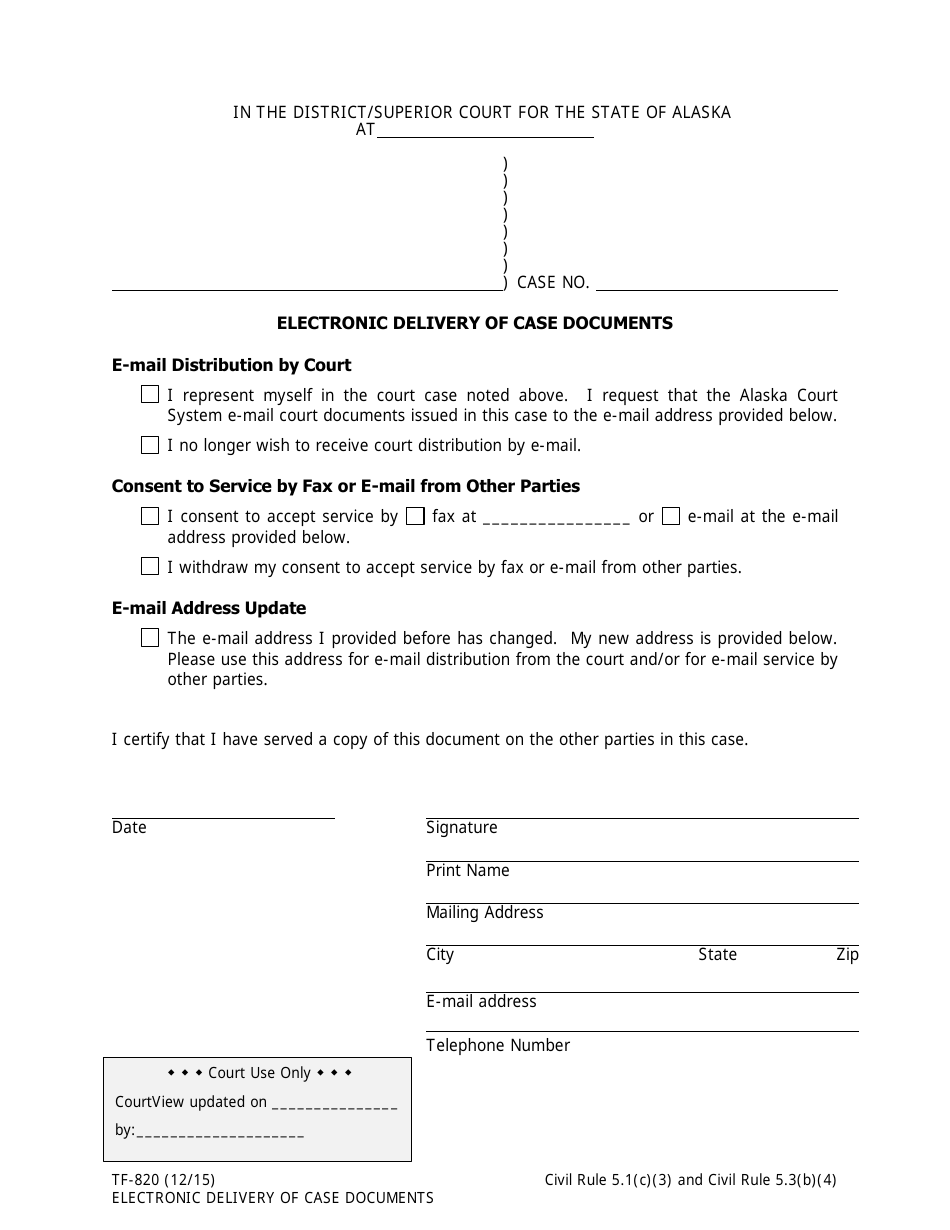 Form TF-820 Electronic Delivery of Case Documents - Alaska, Page 1