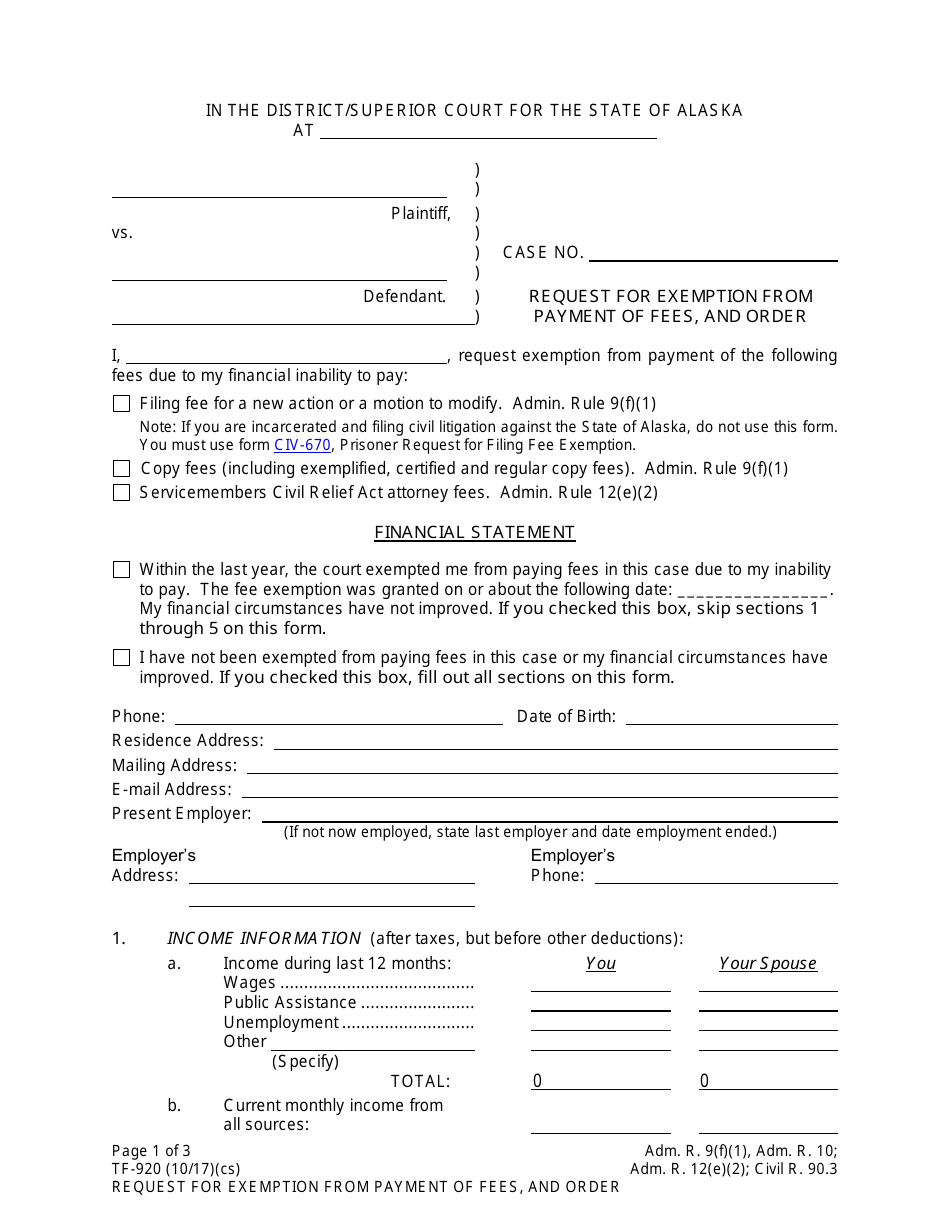 Form TF-920 - Fill Out, Sign Online and Download Fillable PDF, Alaska ...