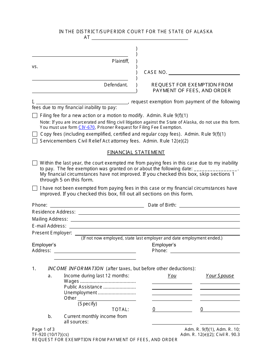 Form TF-920 Request for Exemption From Payment of Fees, and Order - Alaska, Page 1