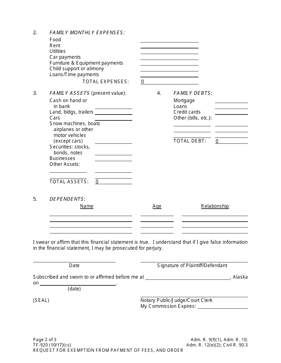 Form TF-920 Request for Exemption From Payment of Fees, and Order - Alaska, Page 2