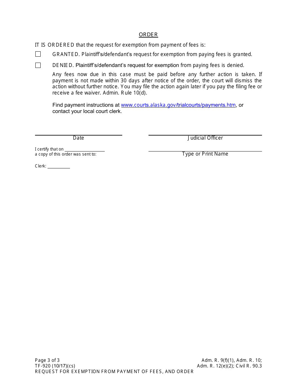 Form TF-920 Request for Exemption From Payment of Fees, and Order - Alaska, Page 3