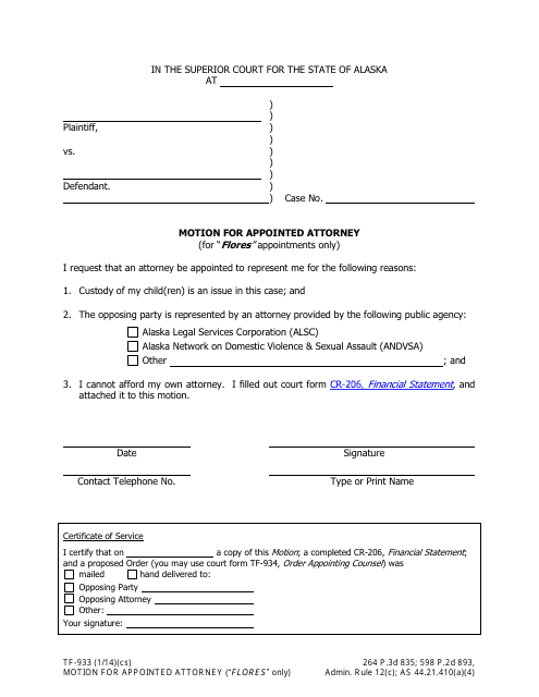 Form TF-933 Motion for Flores Attorney - Alaska