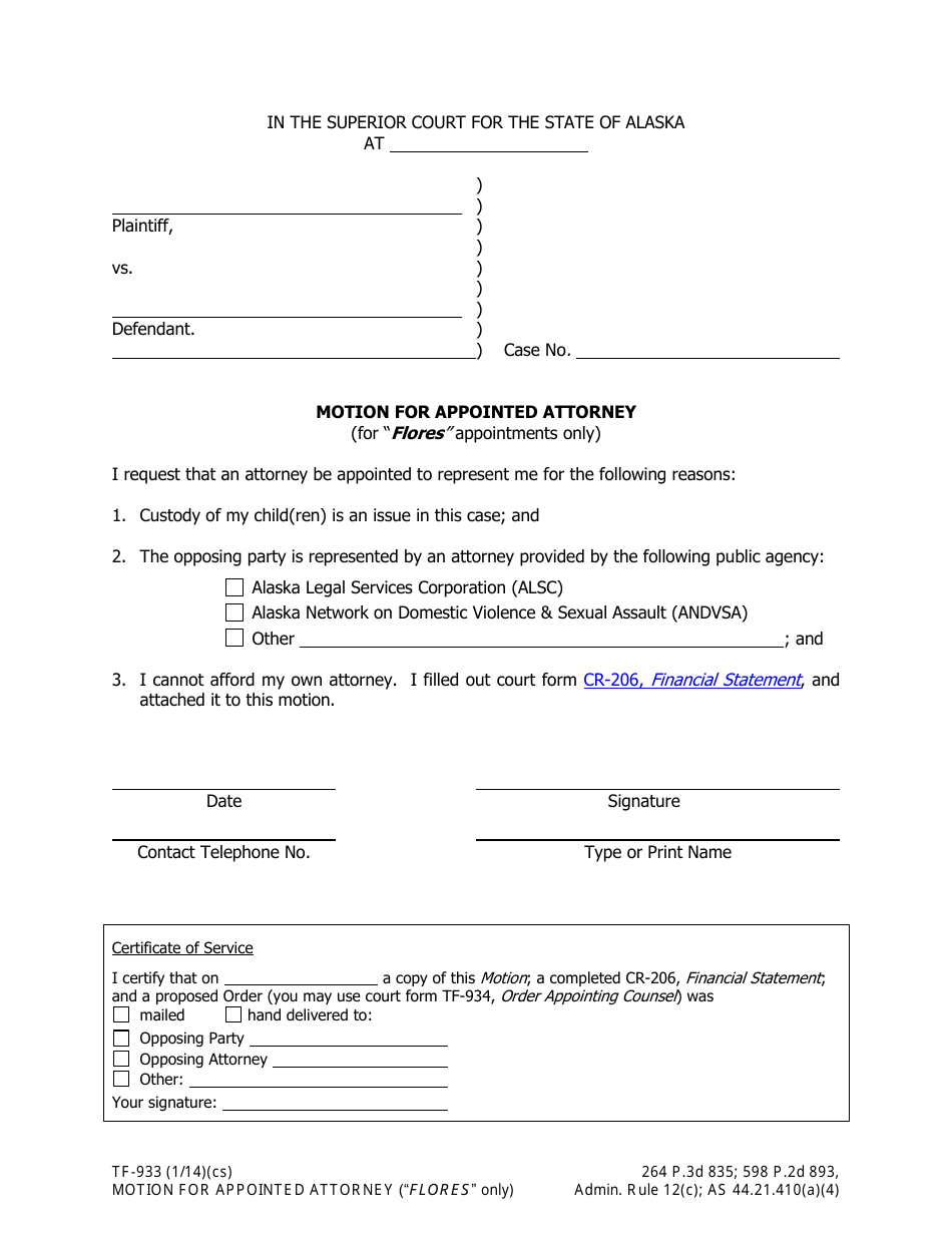 Form TF-933 Motion for Flores Attorney - Alaska, Page 1