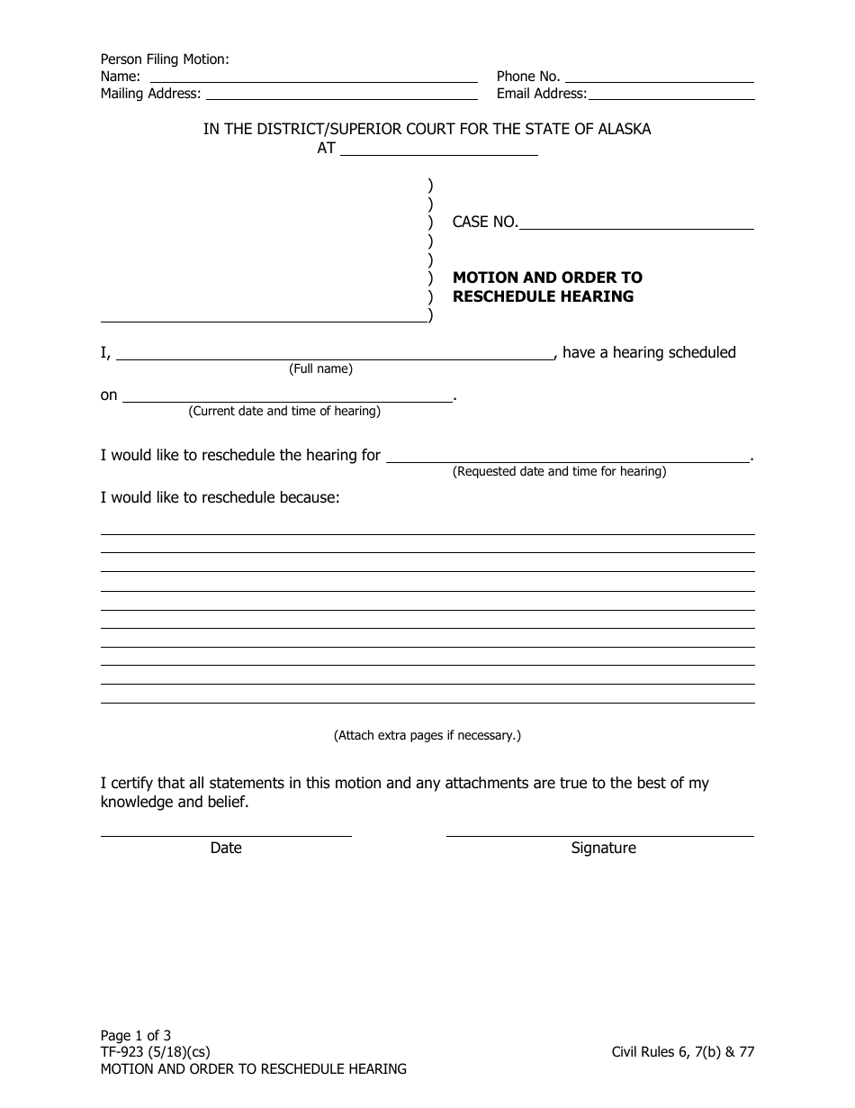 Form TF-923 Motion and Order to Reschedule Hearing - Alaska, Page 1