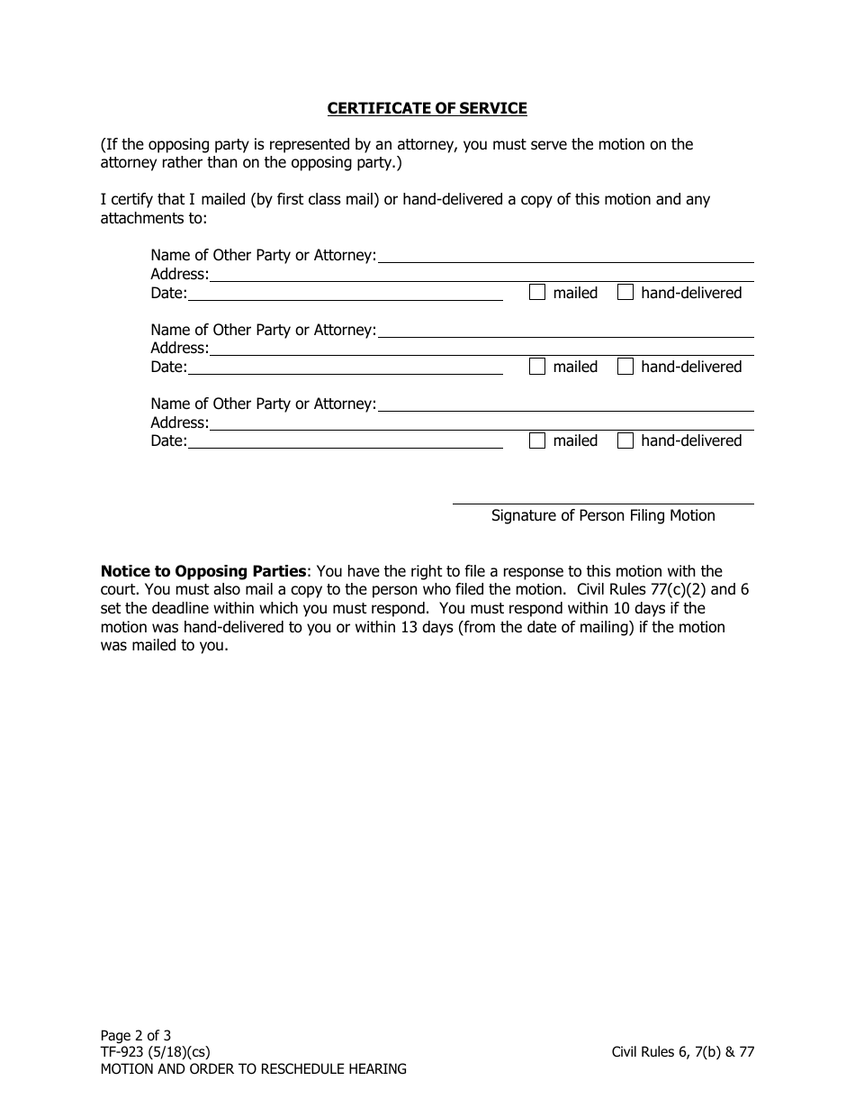 Form TF-923 Motion and Order to Reschedule Hearing - Alaska, Page 2
