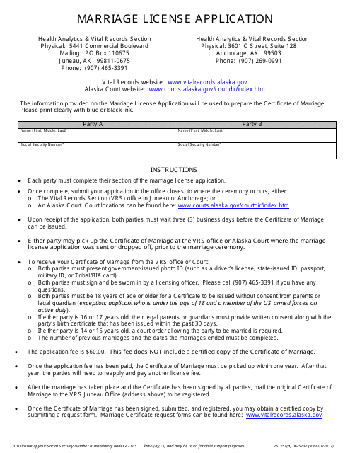 Form VS351(A) 06-5232 Marriage License Application - Alaska