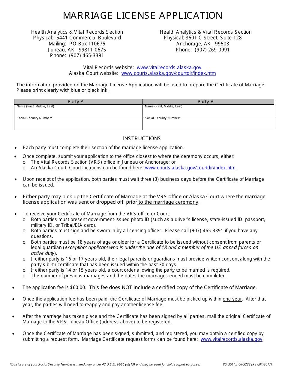 Form VS351(A) 06-5232 Marriage License Application - Alaska, Page 1