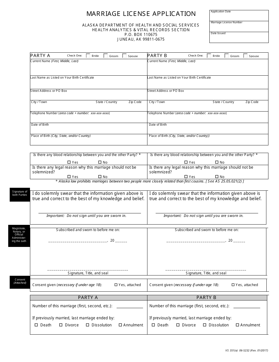 Form VS351(A) 06-5232 Marriage License Application - Alaska, Page 2