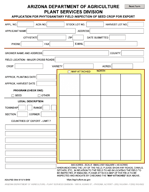 Form ADA-PSD0044 Application for Phytosanitary Field Inspection of Seed Crop for Export - Arizona