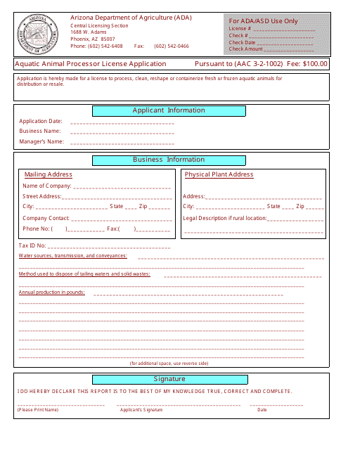 Aquatic Animal Processor License Application Form - Arizona