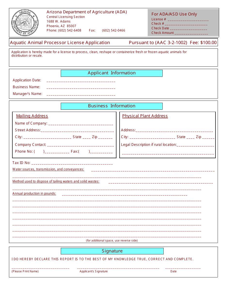 Aquatic Animal Processor License Application Form - Arizona, Page 1