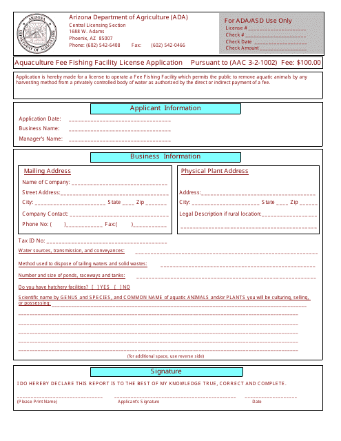 Aquaculture Fee Fishing Facility License Application Form - Arizona
