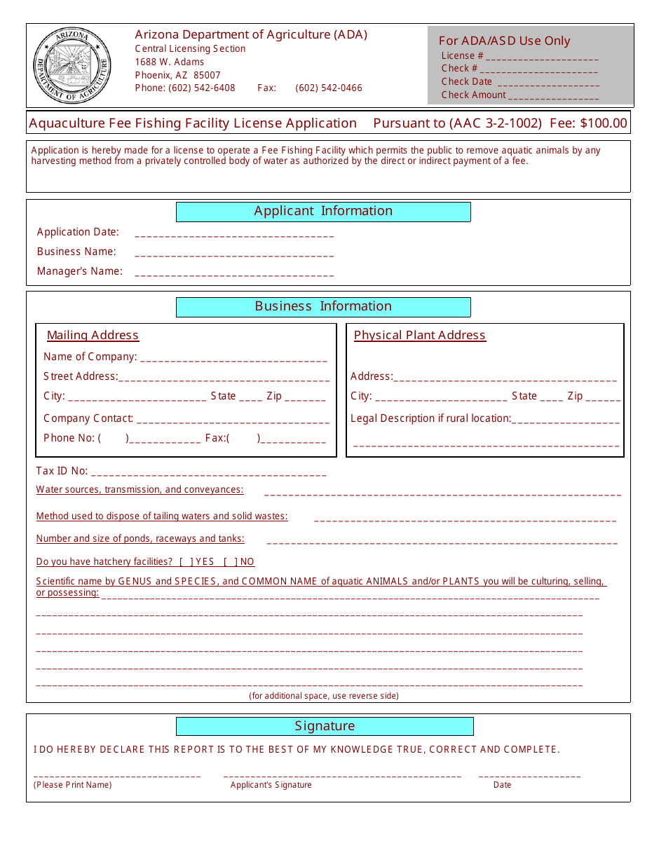 Aquaculture Fee Fishing Facility License Application Form - Arizona, Page 1