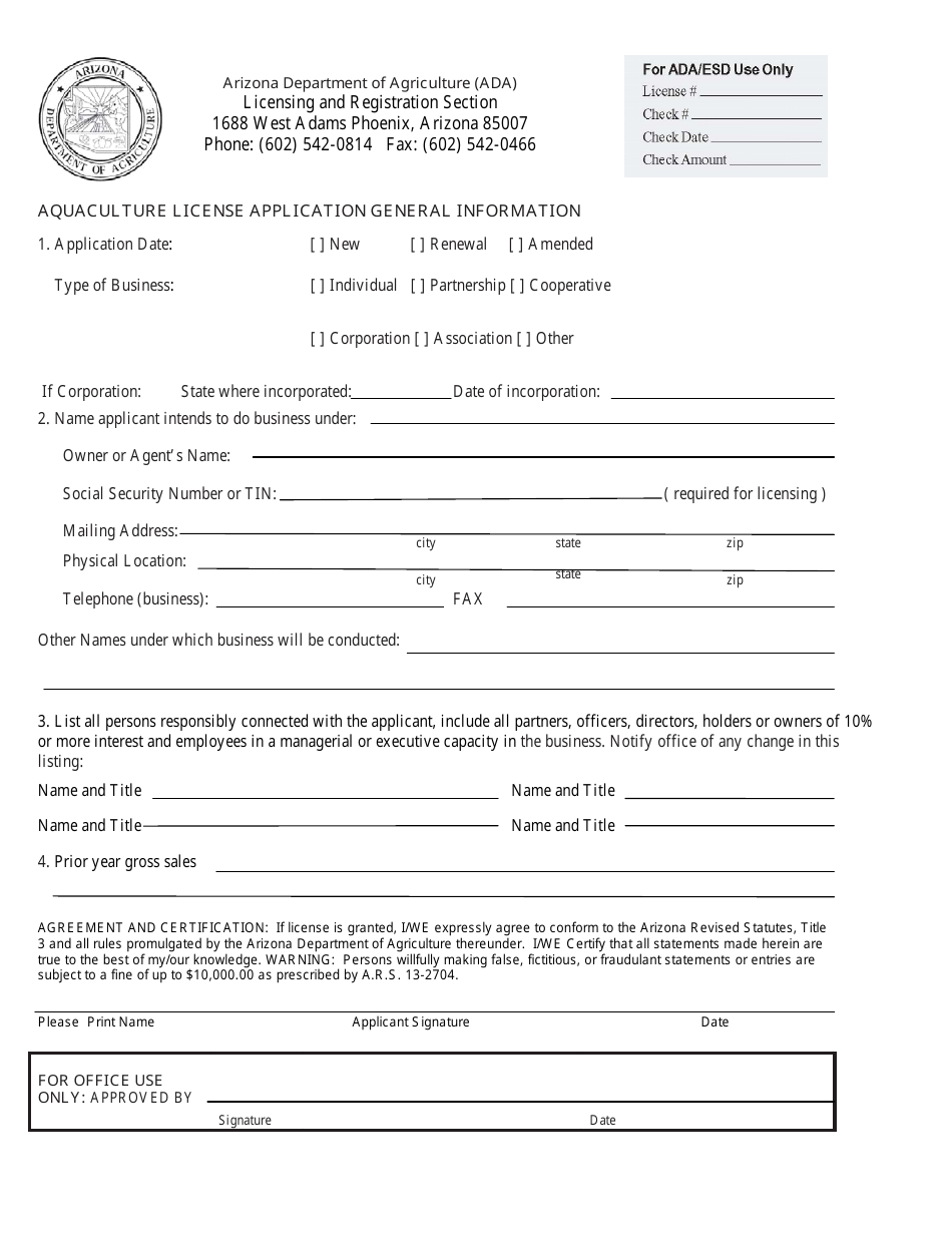 Arizona Aquaculture Fee Fishing Facility License Application Form ...