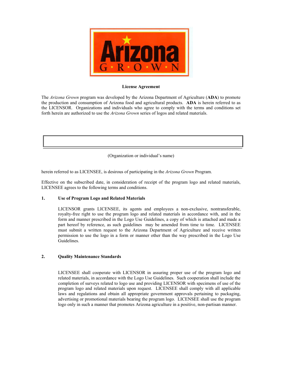 Arizona Grown License Agreement Form - Arizona, Page 1