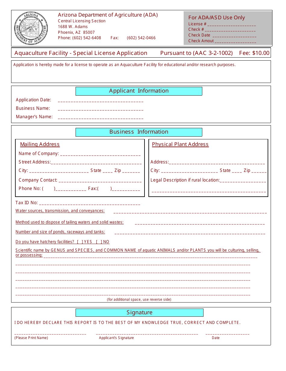 Aquaculture Facility - Special License Application Form - Arizona, Page 1