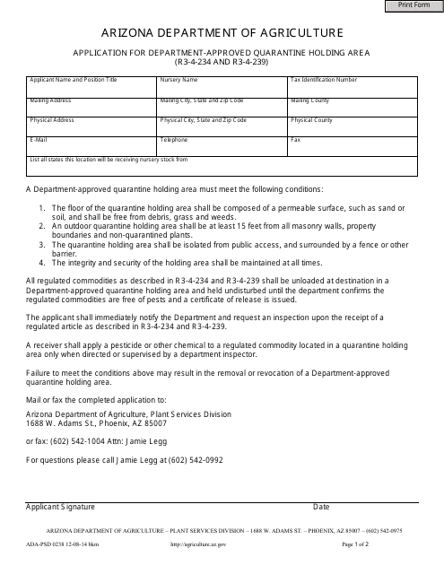 Form ADA-PSD0238 Application for Department-Approved Quarantine Holding Area - Arizona