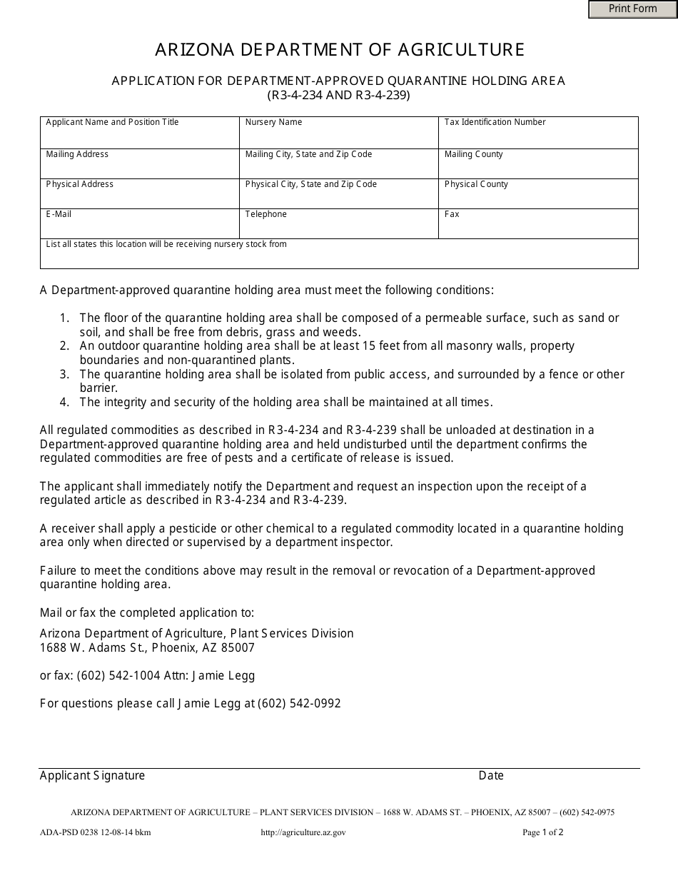 Form ADA-PSD0238 Application for Department-Approved Quarantine Holding Area - Arizona, Page 1