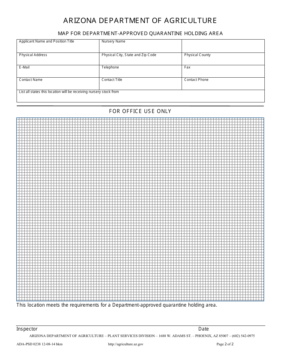 Form ADA-PSD0238 Application for Department-Approved Quarantine Holding Area - Arizona, Page 2