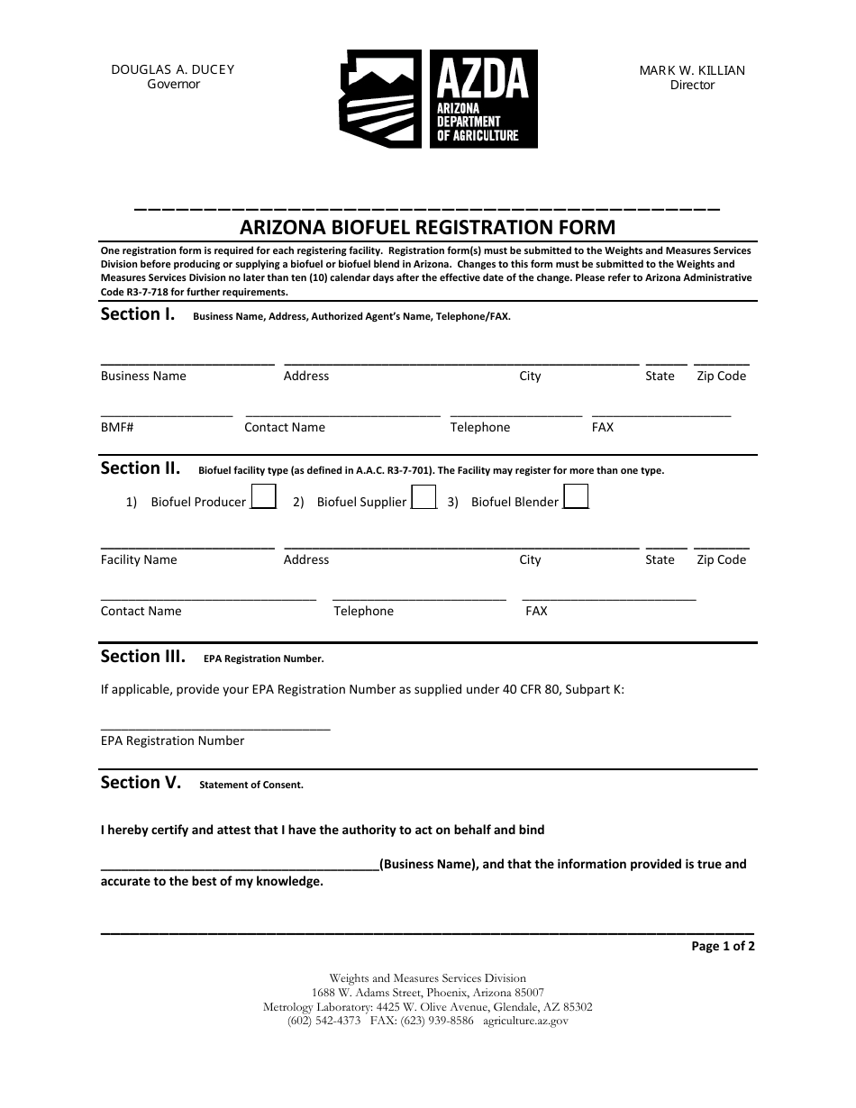 Arizona Biofuel Registration Form - Arizona, Page 1