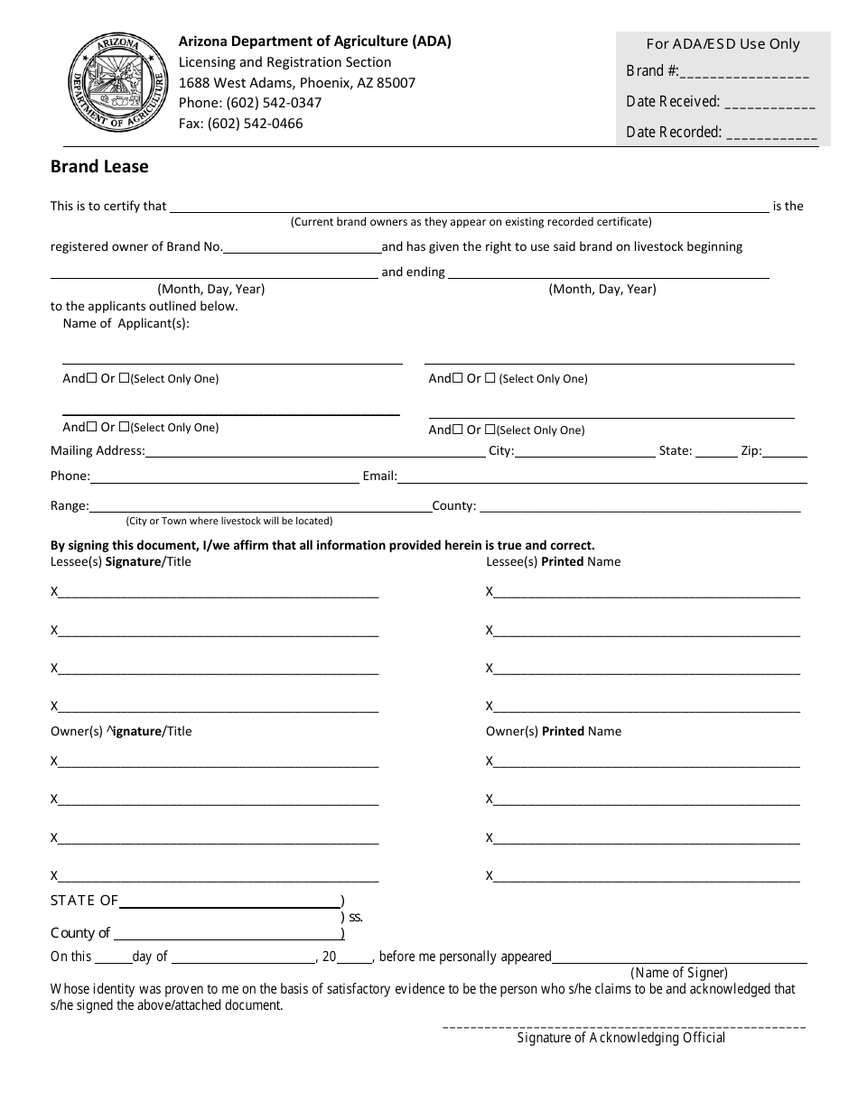 Brands - Lease Form - Arizona, Page 1