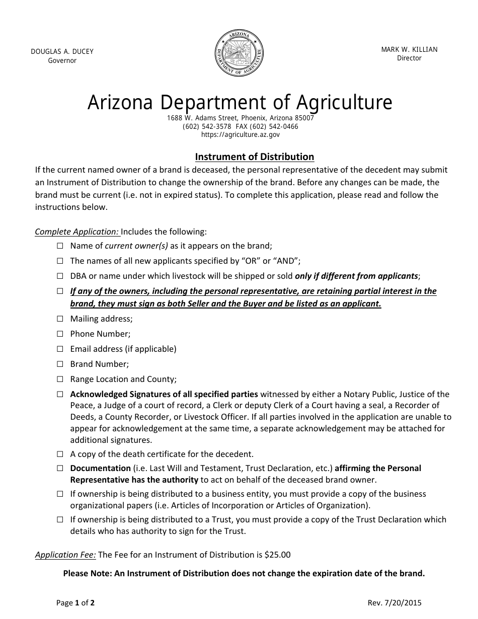 Instrument of Distribution - Arizona, Page 1