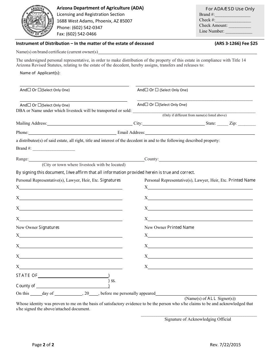 Instrument of Distribution - Arizona, Page 2