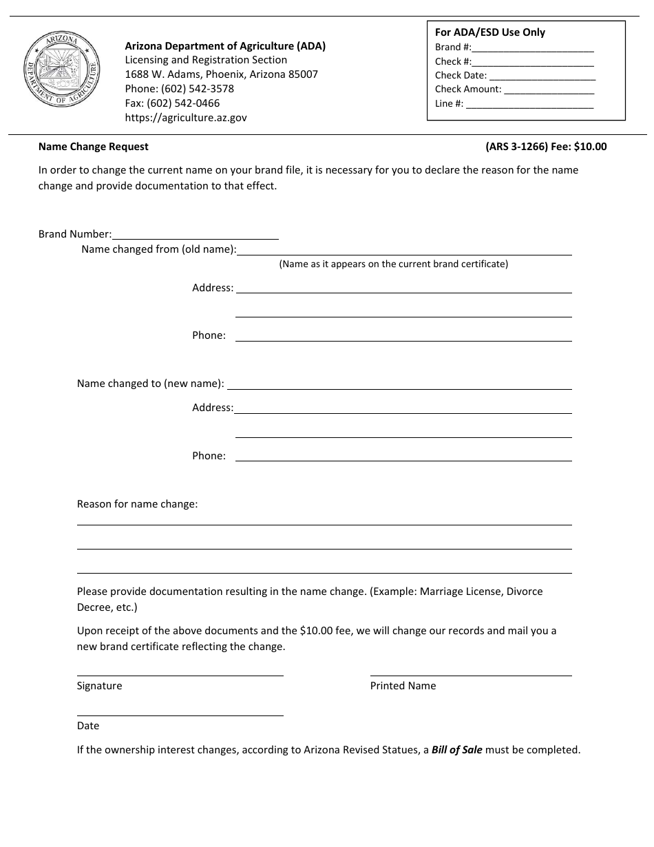 Name Change Request Form - Arizona, Page 1